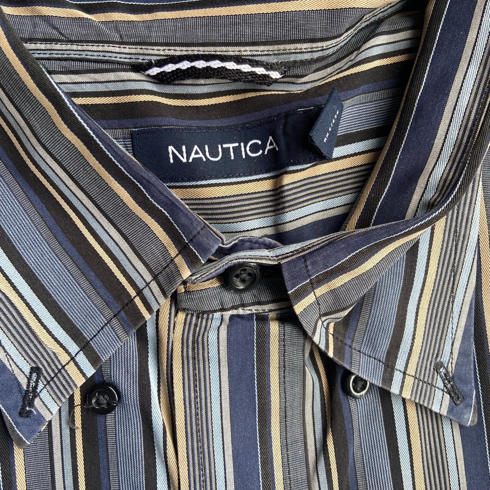Nautica Men's Striped Shirt - Blue and Tan. Size Large. Dry cleaned.